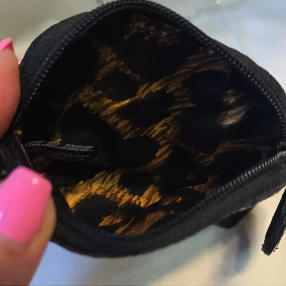 Brighton Black Heart Accent Zip-Around Coin Wallet with Animal Print Lining